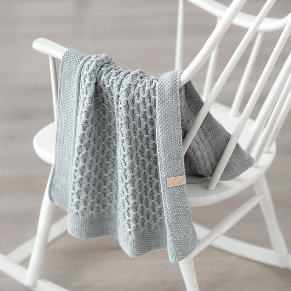 Medium, Lemon & White Trim The Knit Wit Handmade Knitted Cellular Baby Blanket