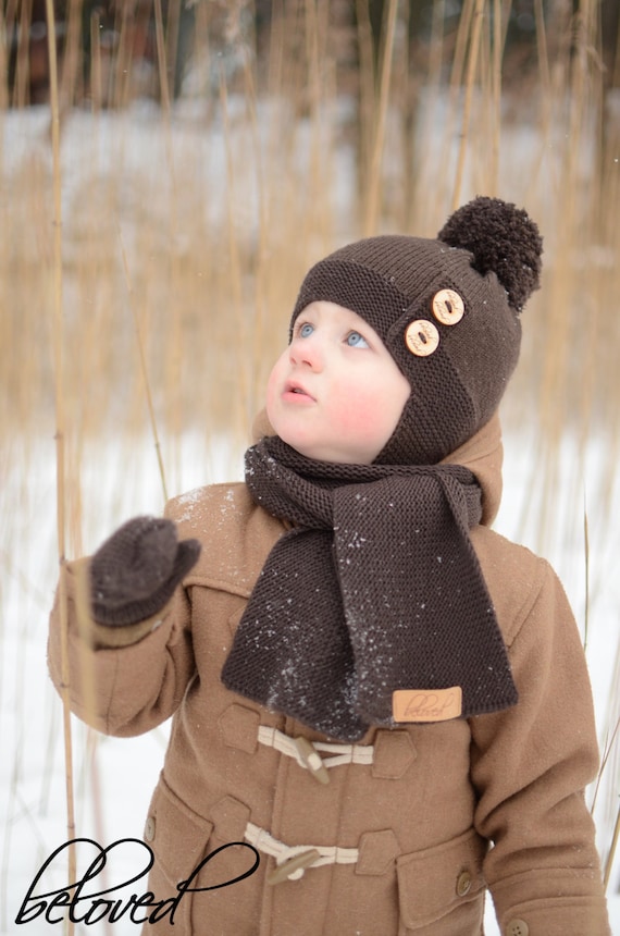 Bonnet en tricot brun, chapeau dhiver pour enfants, bonnet pompon