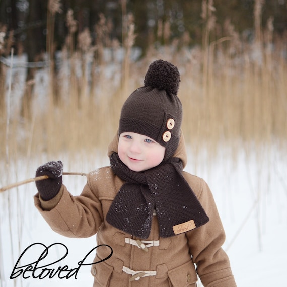 Bonnet en tricot brun, chapeau dhiver pour enfants, bonnet pompon