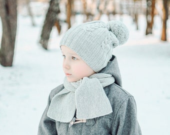 Knitted Kids Hat with Pom Pom, Merino Wool Kids Beanie for Winter