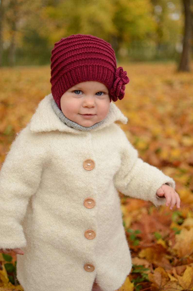 Rojo punto niño niña sombrero, bebé niña sombrero de invierno con flor, tejido Merino lana niñas gorro, punto de la mano niño gorro, sombrero para las niñas imagen 6