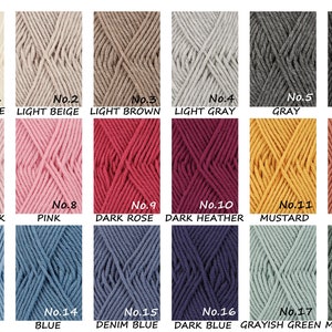 May include: A color chart of 18 yarn colors, each color is labeled with a number and a name. The colors include cream white, light beige, light brown, light gray, gray, dark gray, powder pink, pink, dark rose, dark heather, mustard, cedar, light blue, blue, denim blue, dark blue, grayish green, and misty forest.