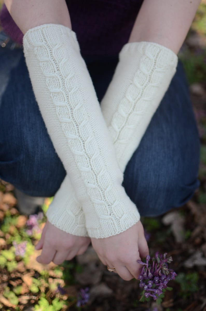 Long White Hand Warmers Knitted Women Arm Warmers Cable Knit Etsy