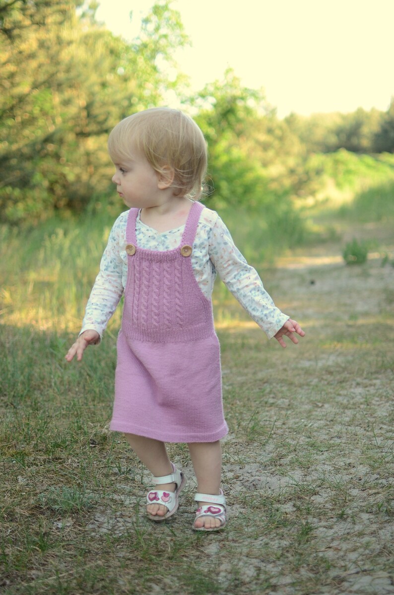 Pink Toddler Overall Dress, Toddler Pinafore Dress, Knitted Toddler Dress, Merino Wool Girls Dress, Toddler Dungaree Dress, Baby Girl Dress image 3