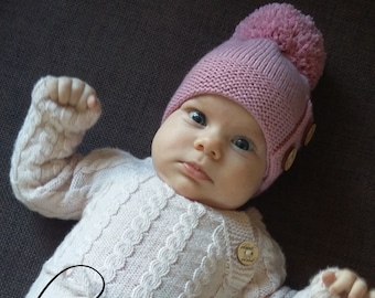 Hand Knit Merino Wool Baby Beanie - Pink Pompom Winter Hat