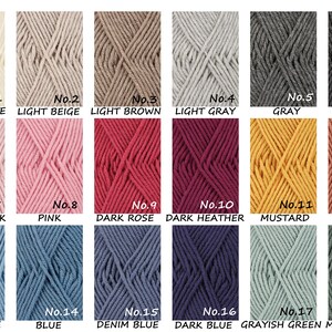 May include: A color chart of 18 yarn colors, each color is labeled with a number and a name. The colors include cream white, light beige, light brown, light gray, gray, dark gray, powder pink, pink, dark rose, dark heather, mustard, cedar, light blue, blue, denim blue, dark blue, grayish green, and misty forest.