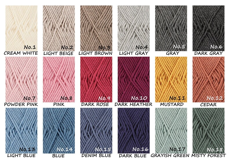 May include: A color chart of 18 yarn colors, each color is labeled with a number and a name. The colors include cream white, light beige, light brown, light gray, gray, dark gray, powder pink, pink, dark rose, dark heather, mustard, cedar, light blue, blue, denim blue, dark blue, grayish green, and misty forest.