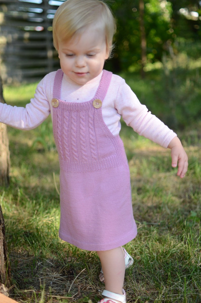 Pink Toddler Overall Dress, Toddler Pinafore Dress, Knitted Toddler Dress, Merino Wool Girls Dress, Toddler Dungaree Dress, Baby Girl Dress image 5