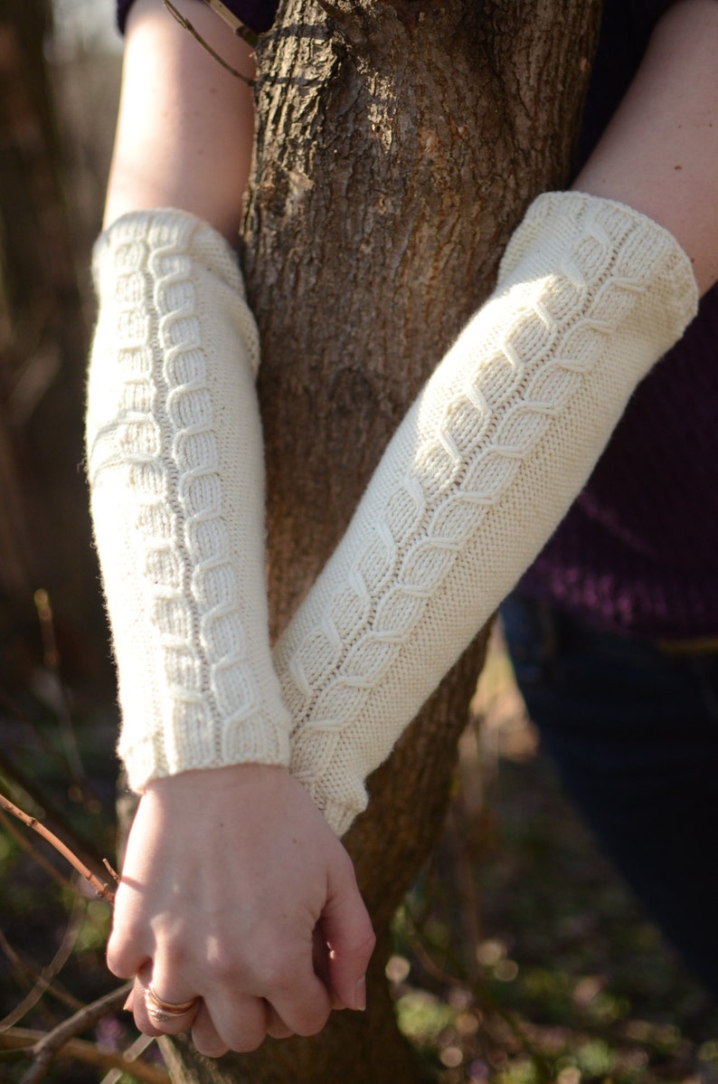 Long White Hand Warmers Knitted Women Arm Warmers Cable Knit Etsy