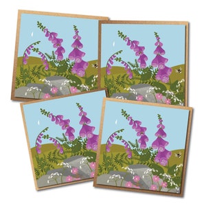Cartes Fleurs sauvages et abeilles - Digitales et bourdons illustrés - Lot de quatre cartes de voeux écologiques