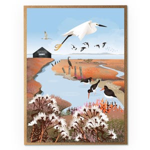 Little egret & boathouse Greeting Card - illustrated birds - Eco friendly - Gift for Bird Watcher