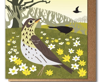 Carte Grive musicienne et fleurs printanières - oiseau illustré - Carte de voeux écologique