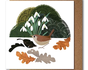 Wren, Snowdrops and Mossy Tussocks Eco Greetings Card