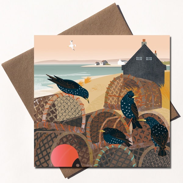 Lobster Pots and Starlings Eco Greetings Card