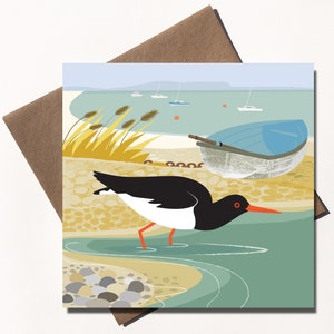 Carte de voeux écologique huîtrier pie et vieux bateau