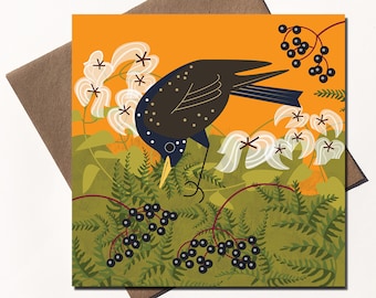 May include: A black and brown bird with white spots is perched on a branch with green leaves and white flowers. The bird is looking down at a cluster of black berries.