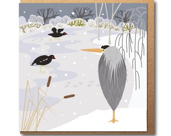 Heron Card - illustrated winter pond - Eco friendly Greetings Card