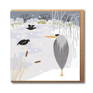 Carte Heron - étang d'hiver illustré - carte de voeux écologique