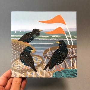 Starlings, Lobster Pots and Flags Greetings Card - illustrated birds - Eco friendly image 3