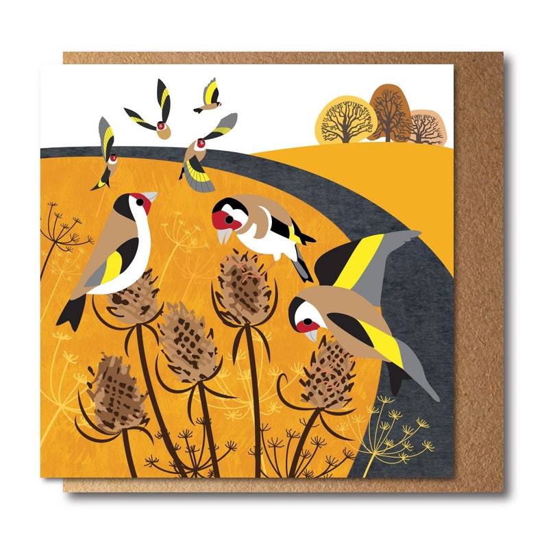 Eco friendly greetings card of goldfinch birds and teasels - an original illustration by rhudsonillustration