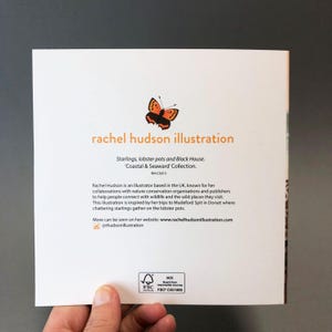 May include: A card with an illustration of a butterfly and the text "rachel hudson illustration" in orange. The text below reads "Starlings, lobster pots and Black House. 'Coastal & Seaward' Collection. RHC5013".