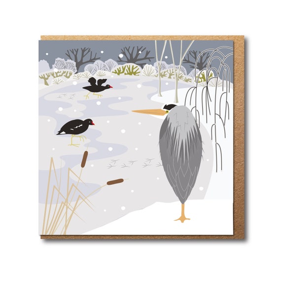 Heron Card - illustrated winter pond - Eco friendly Greetings Card