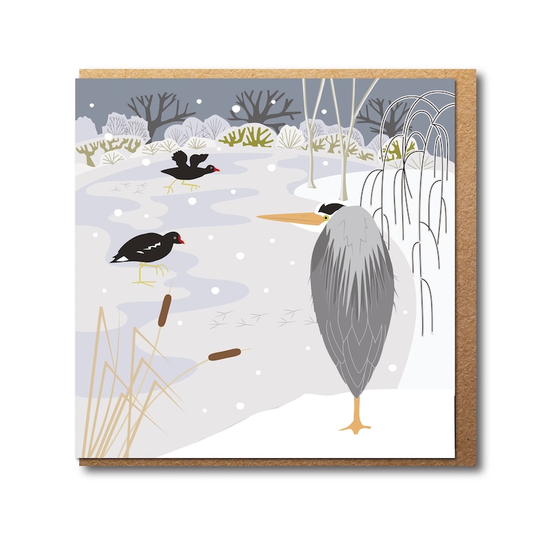 Winter or Christmas greetings card featuring an original illustration of a grey heron hunkering down and two moorhens on a frozen pond by Rachel HudsonIllustration.