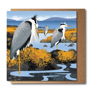 Carte Herons by the Sea - paysage marin illustré des Hébrides - carte de voeux écologique
