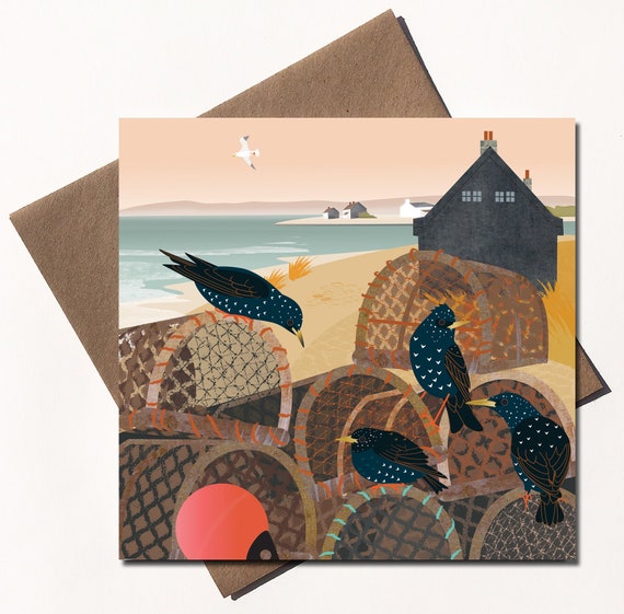 Starlings and Lobster Pots Card - illustrated coastal landscape - Eco friendly Greetings Card