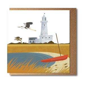 Carte héron et phare - paysage marin illustré - carte de voeux écologique