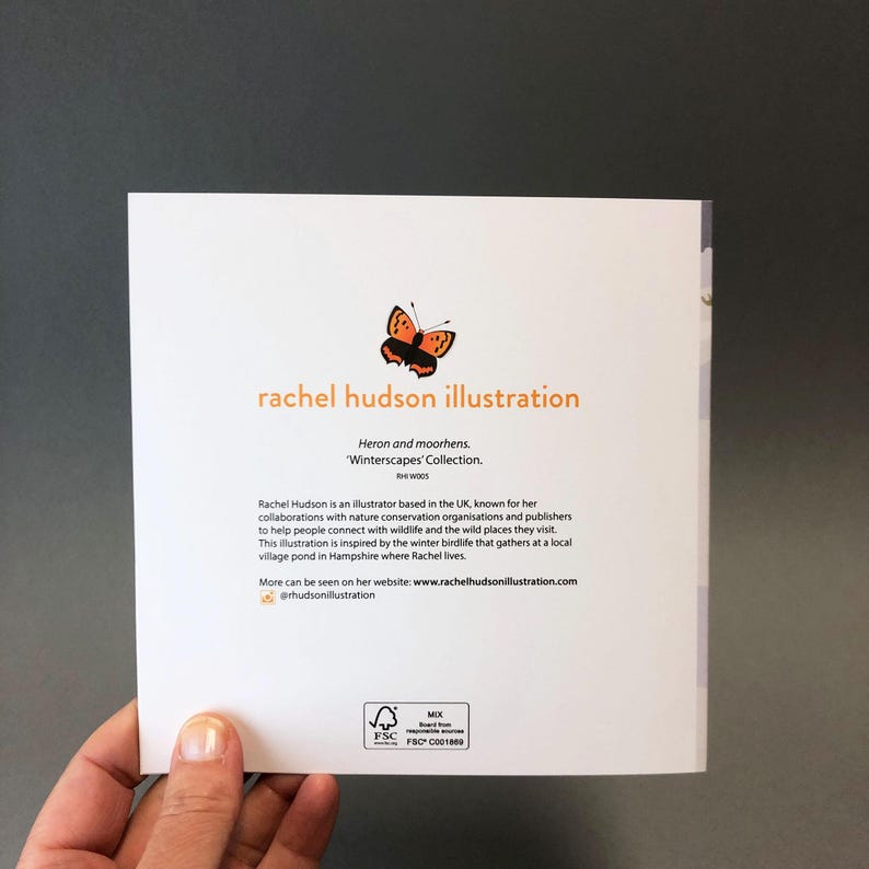 May include: A square card featuring the text "rachel hudson illustration" in orange. A butterfly illustration is above the text. The card also includes text about the artist and her work, and a website address.
