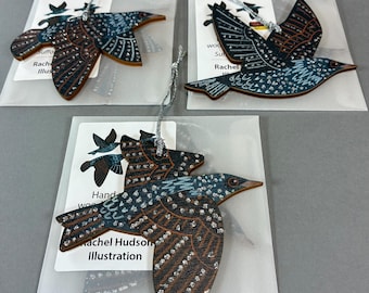 Suffolk Starlings - wooden bird decorations - set of 3