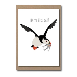Carte d'anniversaire macareux - macareux illustré avec poisson - carte de voeux écologique