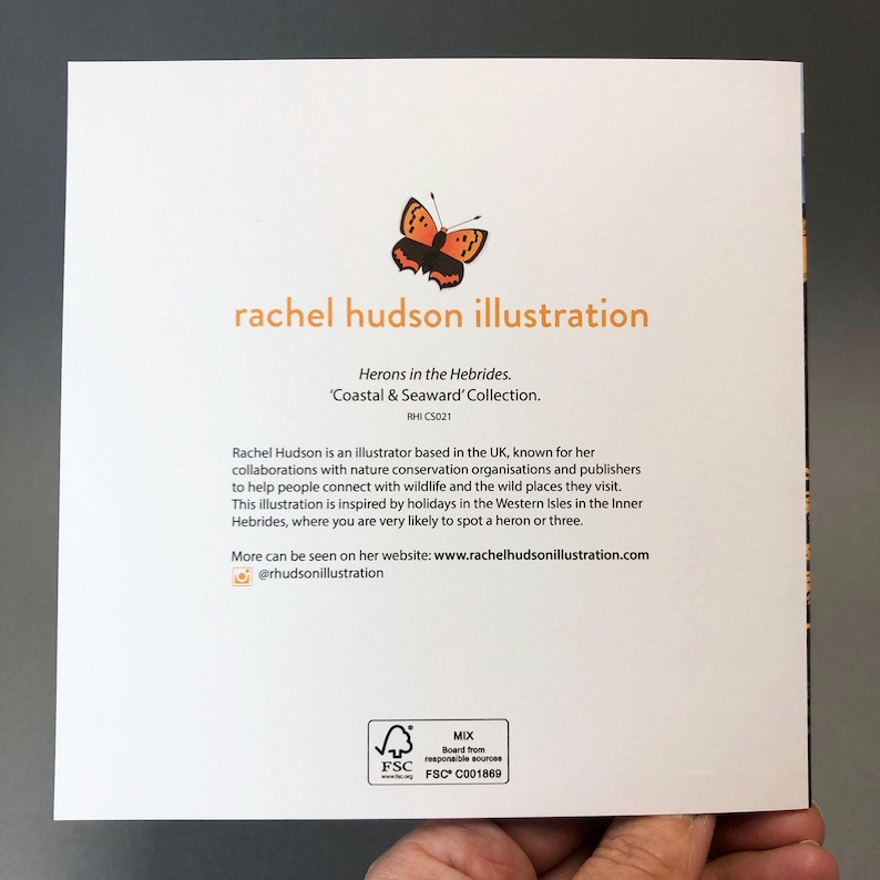 May include: A white paper with the text "rachel hudson illustration" and a butterfly illustration. The text reads "Herons in the Hebrides. 'Coastal & Seaward' Collection." Additional text describes the illustrator and website.