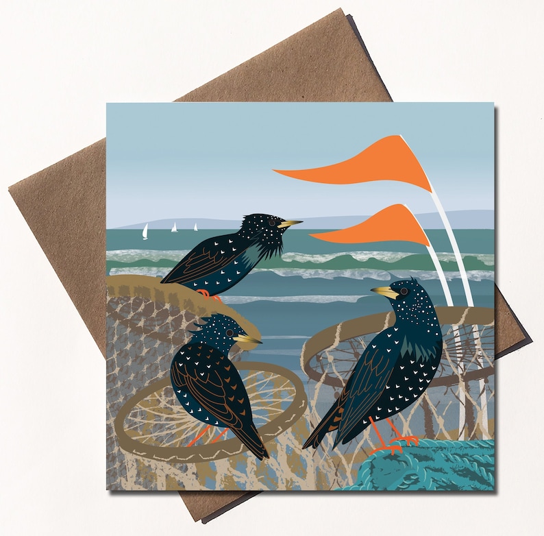 Eco friendly coastal greetings card with original contemporary illustration of three starling birds perched on lobster pots by the sea with red flags by rhudsonillustration