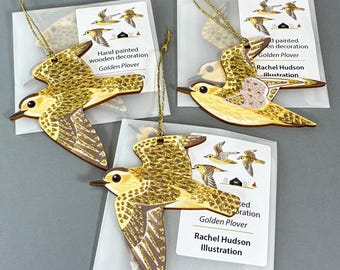 Golden Plovers - wooden bird decorations - set of 3