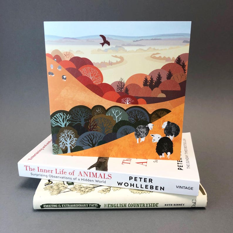 May include: A stack of three books with colorful covers. The top book features a landscape illustration with a bird flying over a valley. The middle book is titled "The Inner Life of Animals" and the bottom book is titled "The English Countryside".