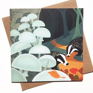 Carte blaireaux et champignons - forêt illustrée - carte de voeux écologique