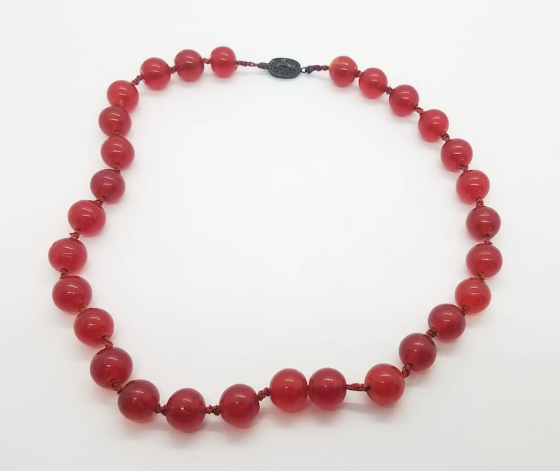 Rare antique red Chinese Red Peking glass bead necklace 18