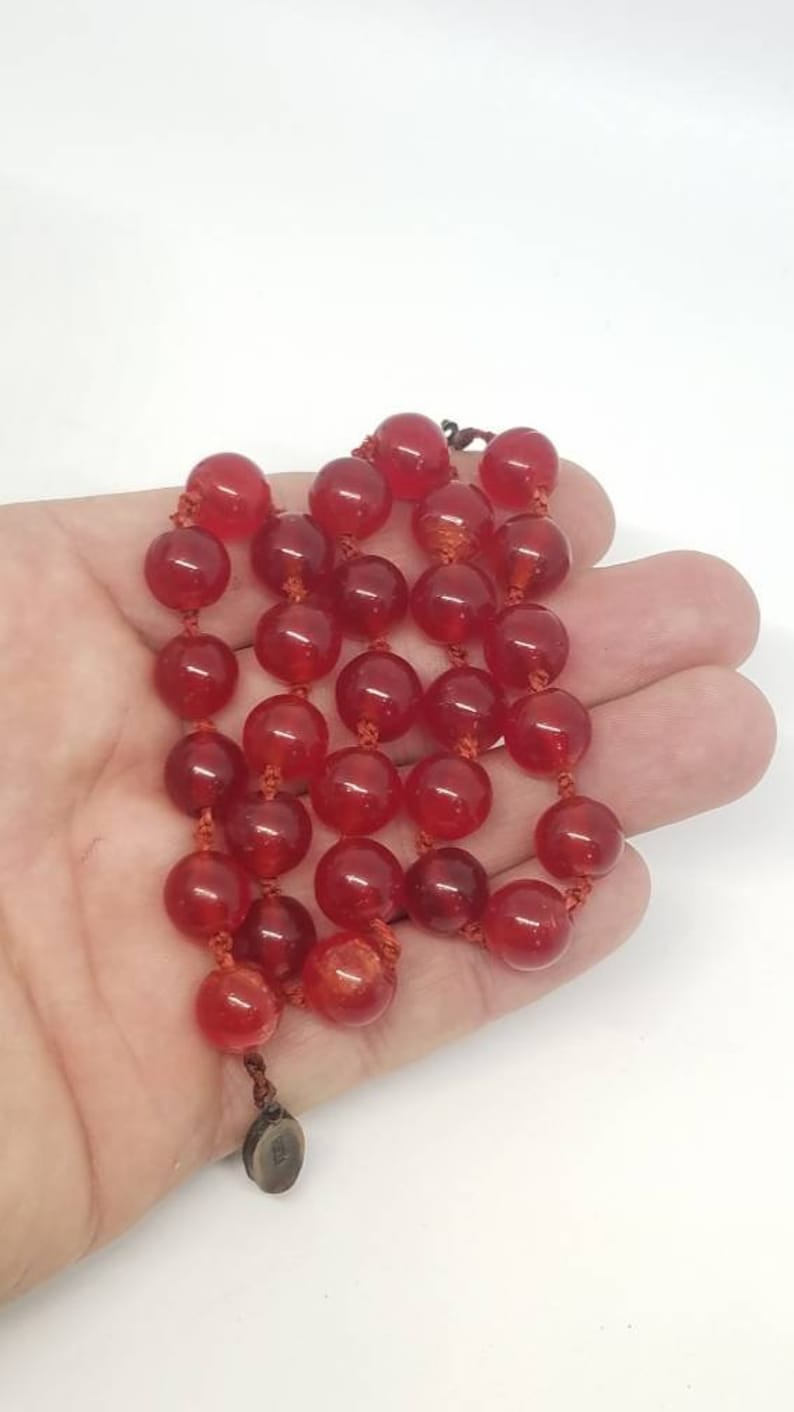 Rare antique red Chinese Red Peking glass bead necklace 18