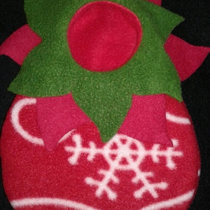 May include: A red and green Christmas ornament with a snowflake design. The ornament has a loop at the top for hanging.
