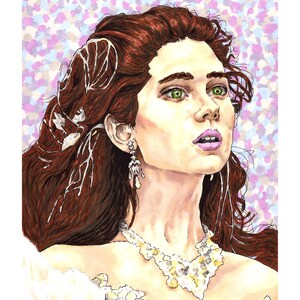 May include: Watercolor portrait of a woman with auburn hair, green eyes, and a white dress. She wears a decorative necklace and earrings. The background is a soft pattern of pink and purple.