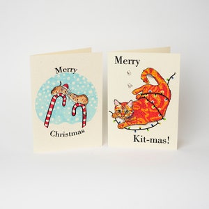 Juego de 4 tarjetas navideñas recicladas de gato y ratón