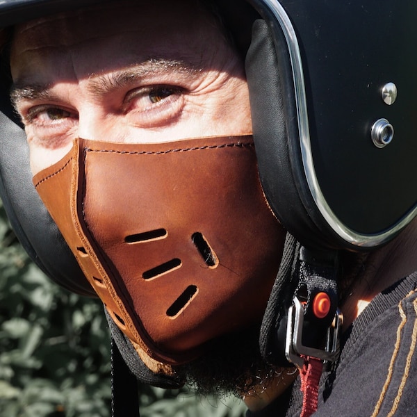 Benutzerdefinierte Ledermaske, Gesichtsmaske aus Leder, Motorradmaske, Cafe Racer-Maske, braune Ledermaske, Biker-Ledermaske, Lederhelmmaske