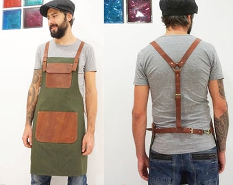 Work APRON for Tattooist, Barrista, Barber, Florist, Gardening, Bartender, Restaurant, Chef, BBQ. Canvas apron leather pockets Personalized