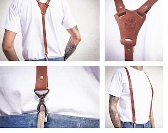 Leather Suspenders | - Best Wedding Gift, Vintage Suspenders for Men, Women, Groomsmen, Groom, Dad, Personalized Brown Leather Suspenders