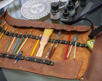 Rouleau d’outils d’artiste, pochette de brosse en cuir Roll Up, porte-pinceau, protéger les pinceaux d’artiste, étui de dessin extérieur, rangement de crayons personnalisé