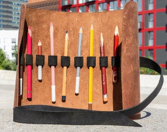 Rouleau d’artiste en cuir, kit de fournitures d’art en cuir roll-up, rouleau de support de pinceau en cuir personnalisé, organisateur d’outils d’artisanat, étui à brosse en cuir