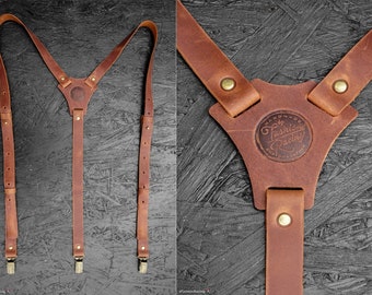 Leather Suspenders, Groomsmen Leather Suspenders Clips, Brown Wedding Suspenders, Men's Braces, Grooms Men Gift, Personalized Gift for him