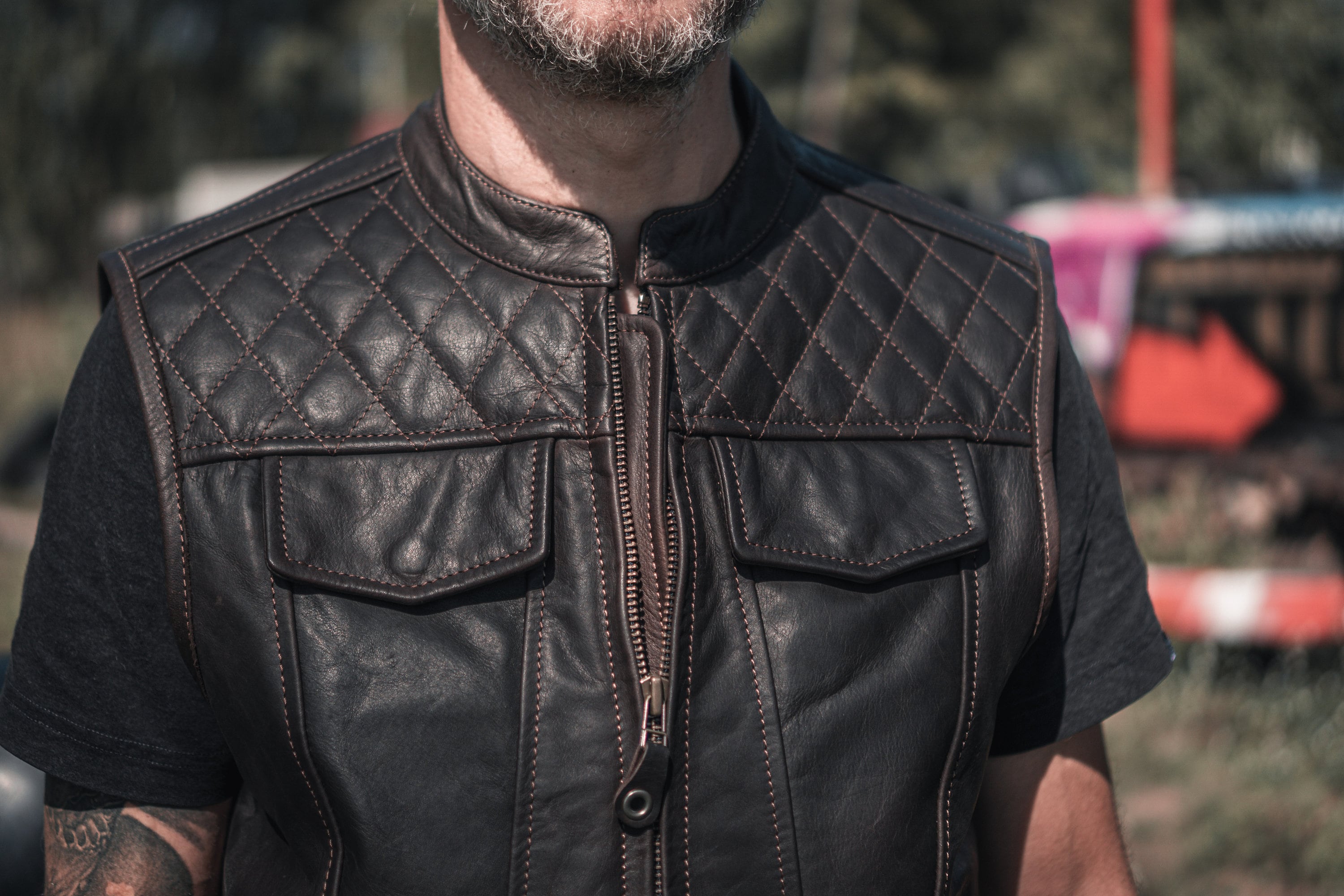Diamond Stitch Leather Vest, Motorcycle Leather Vest, Dark Brown